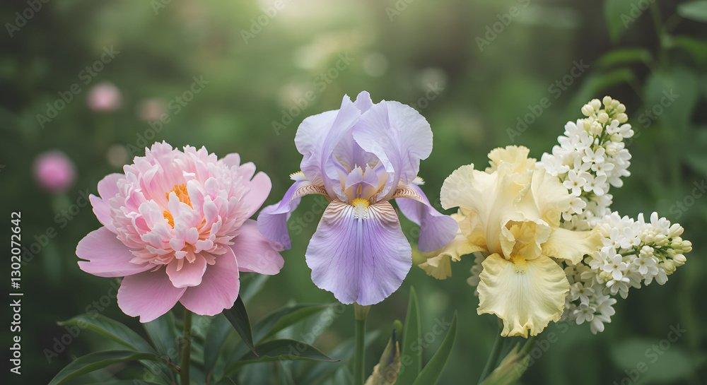 Beautiful spring garden with pink peony iris and lilac flowers day soft on transparent background Beautiful spring garden with pink peony iris and lilac flowers day soft on transparent background