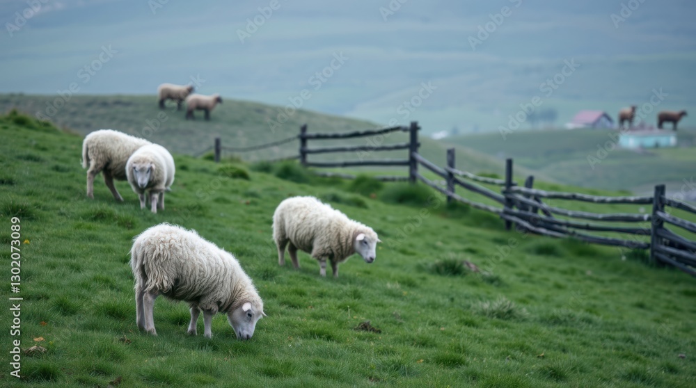 Obraz premium Flock of sheep grazing on a lush green hillside, with wooden fences and rolling hills in the background.