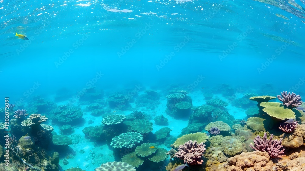 Fototapeta premium Vibrant underwater coral reef teeming with diverse marine life, featuring colorful corals and crystal-clear blue ocean water, highlighting the beauty of aquatic ecosystems