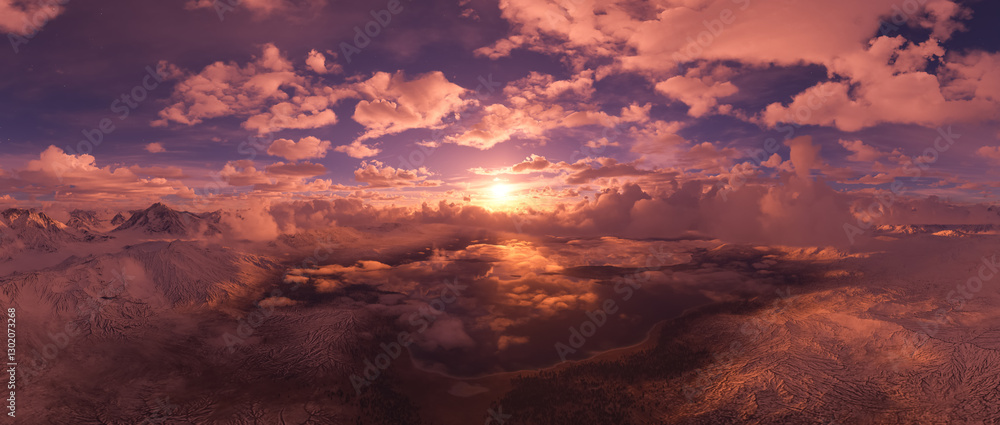 Fototapeta premium Breathtaking Sunset Over Mountain Range with Epic Clouds in a 3D Rendering