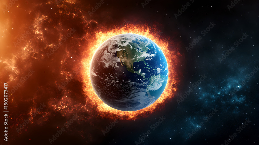 Fototapeta premium Earth engulfed in flames: A dramatic depiction of global catastrophe