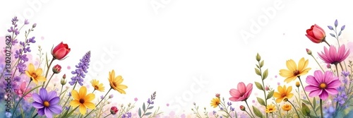 Watercolor wildflowers border in purple and yellow hues on white background, Watercolor, wildflowers, border