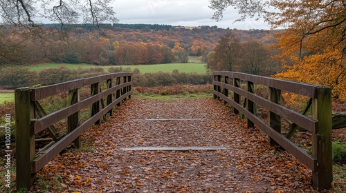 Autumnal Wooden Bridge Overlooking Forested Valley photo