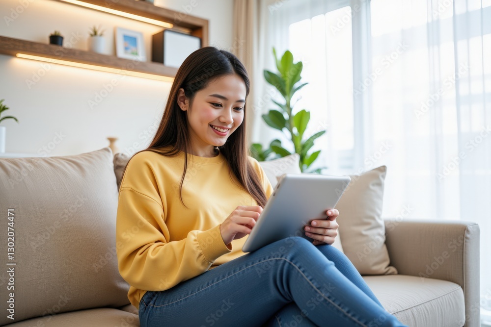 Naklejka premium Young Asian Woman Engaged in Digital Content Creation on a Tablet While Relaxing at Home in a Cozy Living Room, Showcasing Modern Interior Design and Comfort