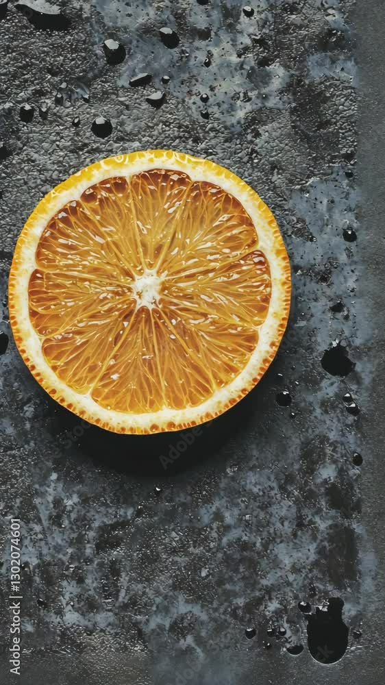 Freshly sliced orange glistening with moisture on a dark textured surface in a home kitchen setting