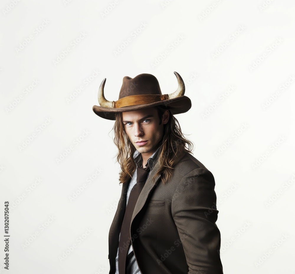 Fusion of power and poise is evident in this compelling portrait, where a man Viking inspired horned and cowboy hat and tailored business attire create a dramatic and unforgettable image. Fusion of power and poise is evident in this compelling portrait, where a man Viking inspired horned and cowboy hat and tailored business attire create a dramatic and unforgettable image.