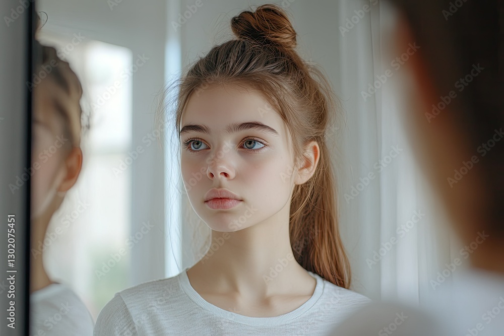 High Resolution Image of Pretty Teenager Looking in the Mirror High Resolution Image of Pretty Teenager Looking in the Mirror