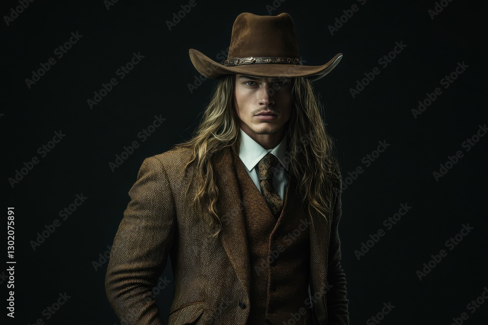 Fusion of power and poise is evident in this compelling portrait, where a man Viking inspired horned and cowboy hat and tailored business attire create a dramatic and unforgettable image. Fusion of power and poise is evident in this compelling portrait, where a man Viking inspired horned and cowboy hat and tailored business attire create a dramatic and unforgettable image.