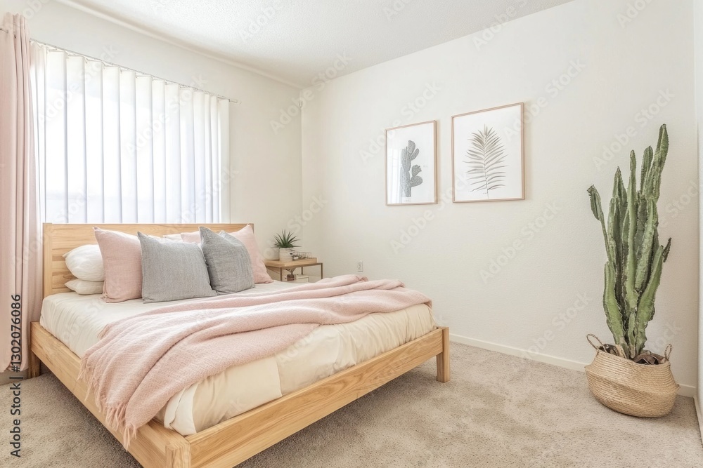 Obraz premium Light bedroom with wooden bed, pink blanket, cactus, and prints.
