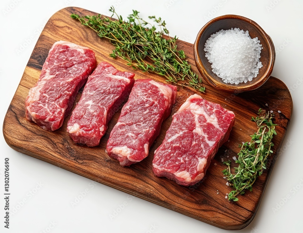 Raw steaks, thyme, salt, wooden board, white background, recipe Raw steaks, thyme, salt, wooden board, white background, recipe