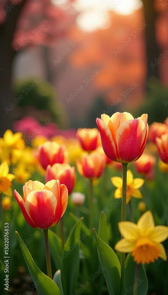 Obraz premium Vibrant spring garden with blooming tulips and daffodils, flower, park