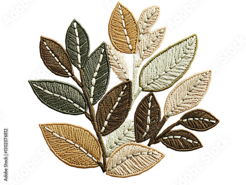 Elegant Embroidered Leaf Pattern with Earthy Tones on transparent background Generative Ai