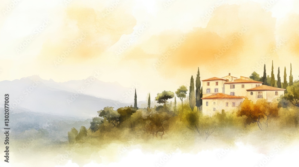 Fototapeta premium Serene mountain home painting, a tranquil landscape of artistic nature and breathtaking views