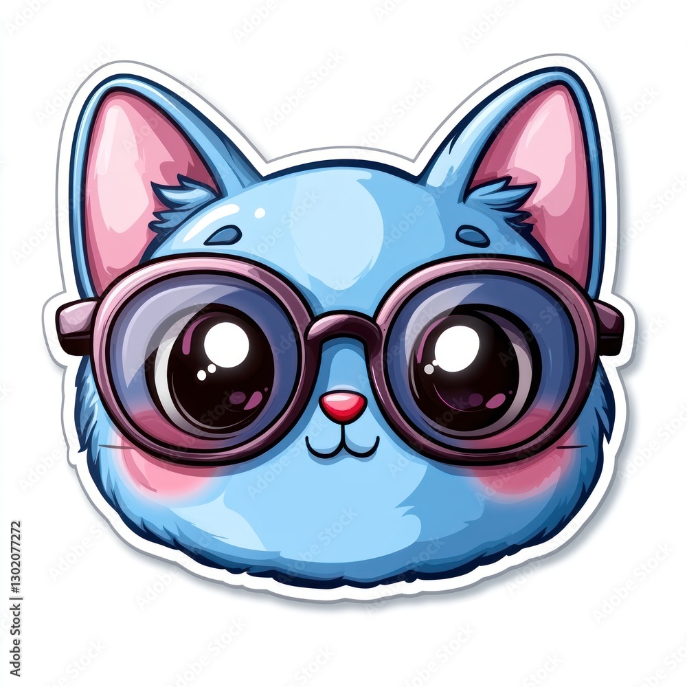 Adorable Blue Kitty with Big Glasses: A Cute Cartoon Sticker Adorable Blue Kitty with Big Glasses: A Cute Cartoon Sticker