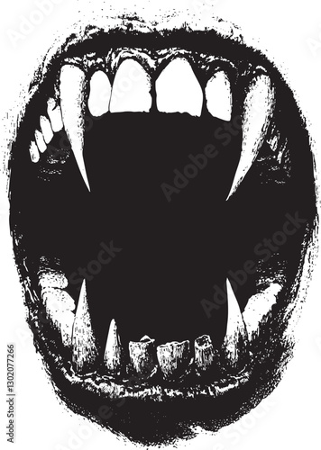Black and white illustration of an open animal mouth with sharp fangs, rugged texture, and high contrast. Dark, ominous, and suitable for horror-themed projects