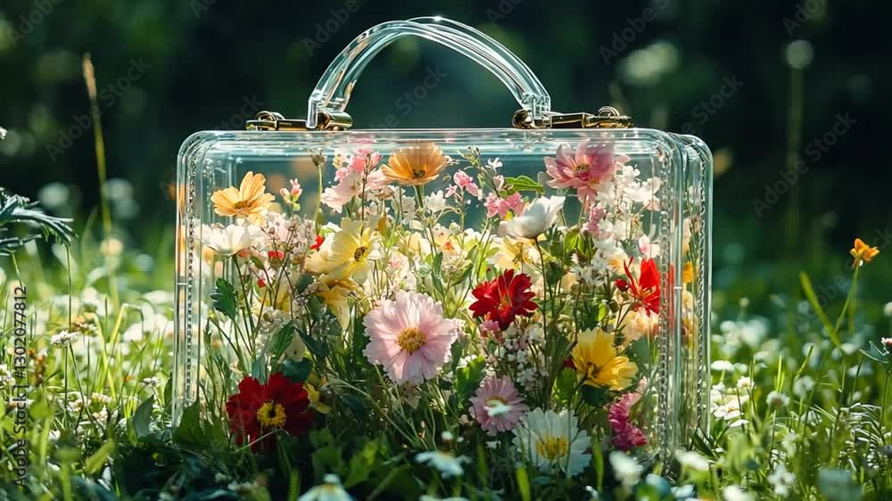Clear box handbag filled with colorful flowers in a field