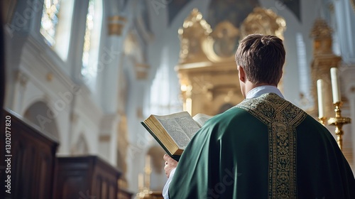 Catholic priest reading Bible in church during mass. Clergy in green vestments at altar. Religious service, liturgy, and worship. Easter, Christmas, ordination ceremony.