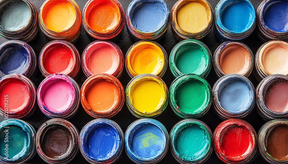 Vibrant collection of colorful paint containers in various shades Vibrant collection of colorful paint containers in various shades