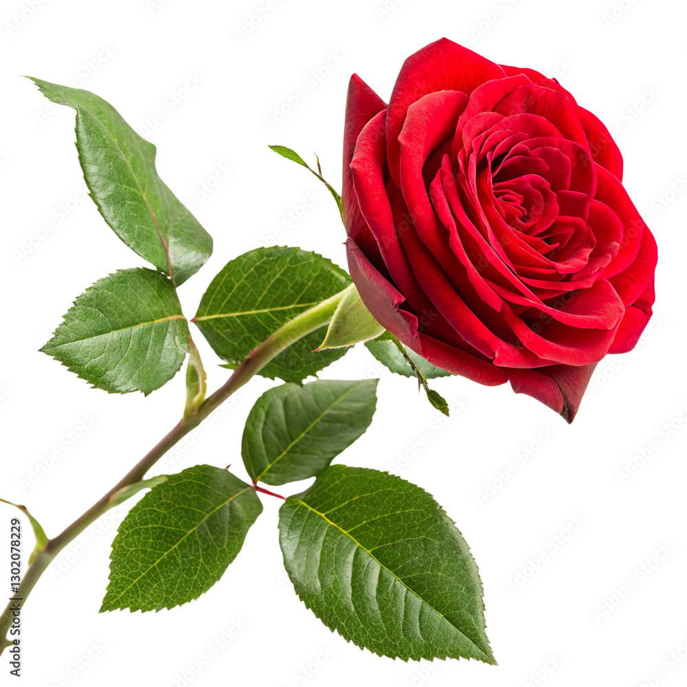 Fototapeta premium Beautiful red rose flower with green leaves isolated on a transparent background