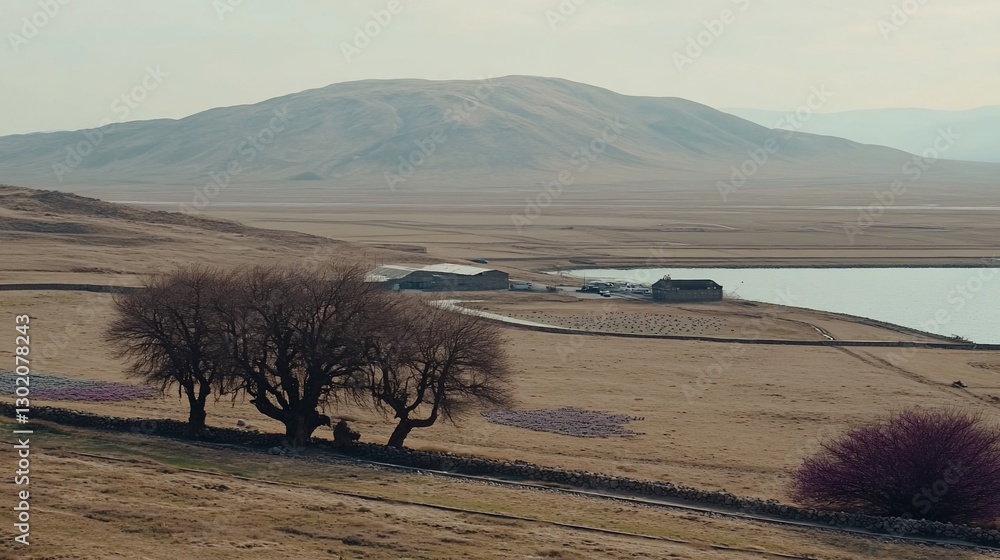 Obraz premium Rural lake landscape, tranquil scene, distant mountains, spring