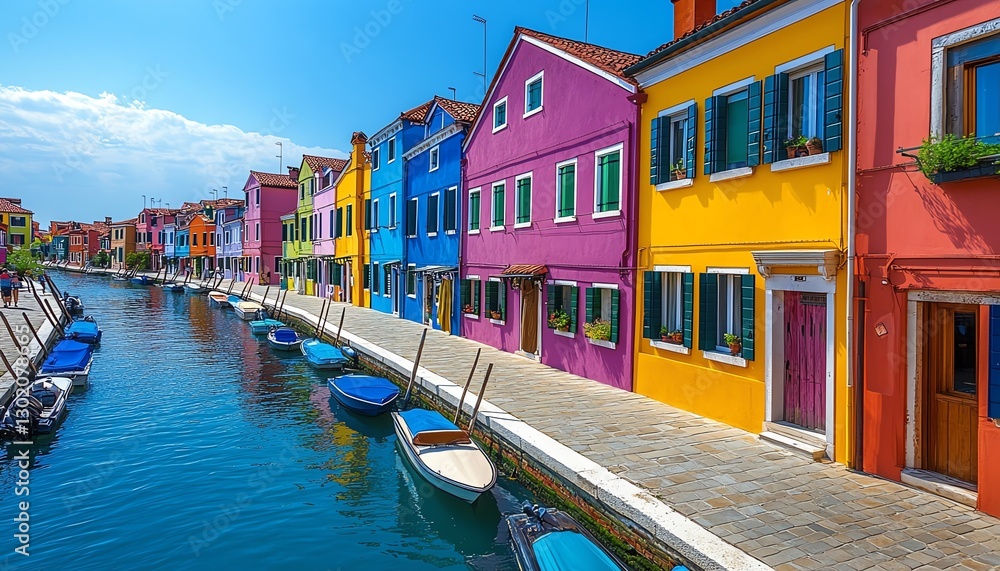 Obraz premium Bright pastelcolored houses along a canal in a European town, vibrant facades, serene blue sky backdrop, picturesque view perfect for a summer vacation experience