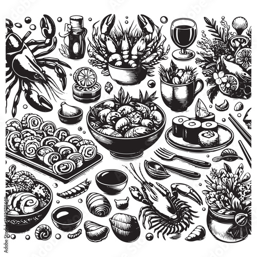 Festive seafood dishes food cooked modern delicacies with a presentation on the plate. Delicious dishes: salads and soups of shrimp, crab, mussels, baked fish, rolls, sushi, octopus vector