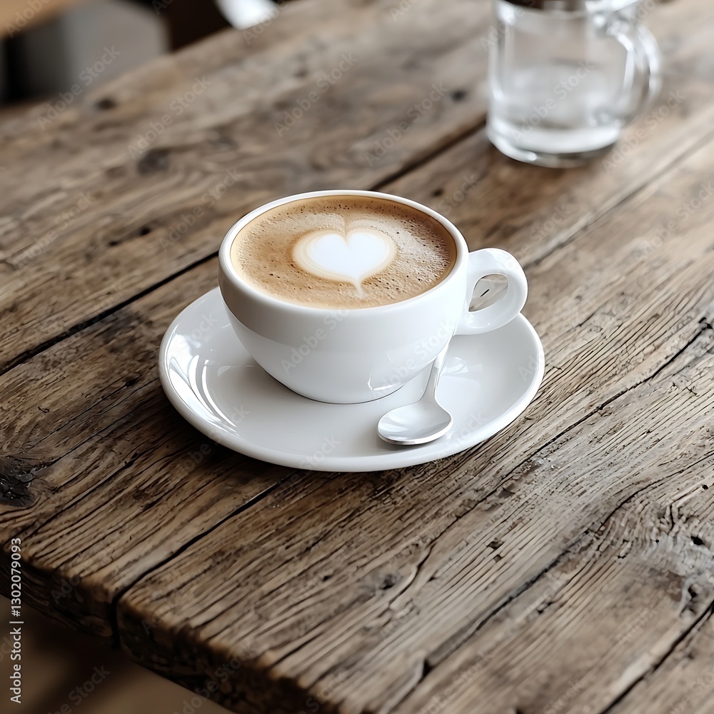 Obraz premium Cappuccino Heart, Cafe Wooden Table, Serene Still