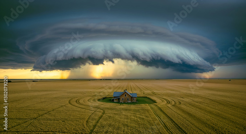 Dramatic Supercell Storm with Lightning Approaching a Solitary House in the Countryside
 photo