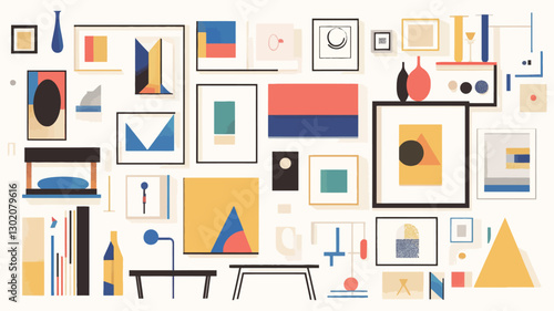 A digital illustration depicting a large collection of various geometric abstract art prints and home decor elements.  The style is minimalist and flat, utilizing a limited color palette of