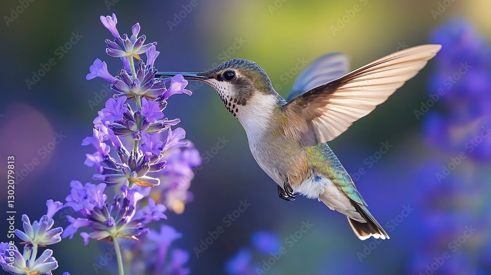 Fototapeta premium Hummingbird feeding on lavender, garden bokeh