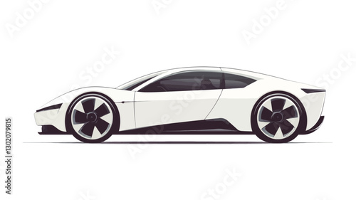 A digital illustration depicting the side profile of a white sports car. The car is depicted in a clean, minimalist style with smooth lines and curves.  The wheels have a distinct photo