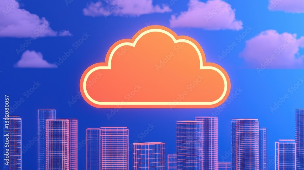 Fototapeta premium Cloud Computing Infrastructure concept. Futuristic City Skyline with Glowing Cloud Infrastructure