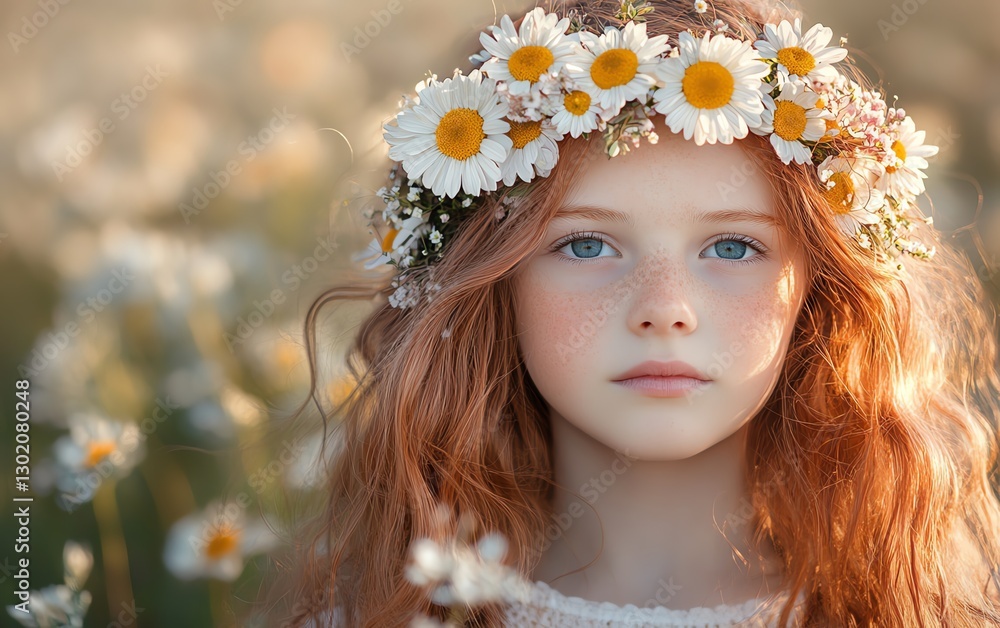 Girl with floral wreath and reddishbrown wavy hair Girl with floral wreath and reddishbrown wavy hair