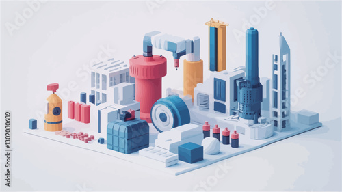 The image depicts a stylized, isometric rendering of an industrial complex.  The scene is composed of various geometric shapes representing buildings and industrial structures in shades of