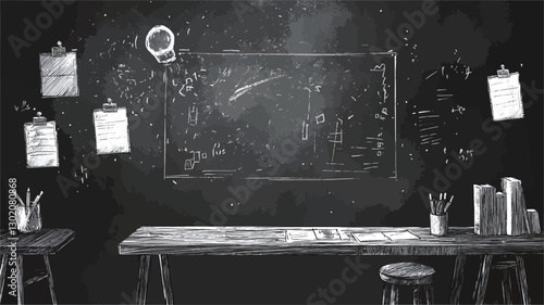 The image is a monochrome illustration depicting a classroom scene.  The background is a large chalkboard filled with chalk drawings and mathematical equations. A long, simple wooden desk