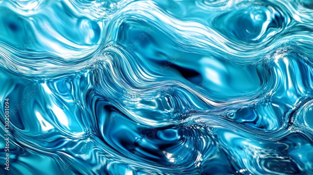 Obraz premium abstract close-up of swimming pool surface at midday, intense aqua blue with complex wave patterns, sunlight creating brilliant diamond-like caustics beneath surface, hypnotic ripple movements frozen