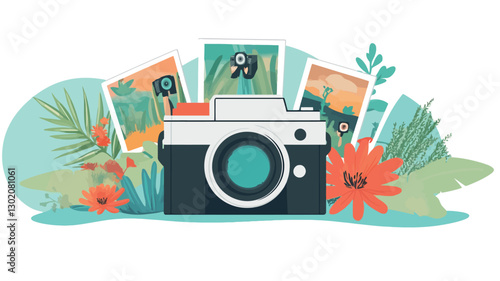 Illustration of a vintage-style camera surrounded by photographs depicting various landscapes and floral elements. The style is flat, two-dimensional with a vibrant color palette. The