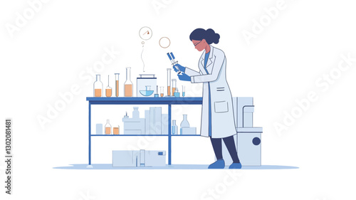 Illustration of a female scientist in a white lab coat conducting an experiment. She is using a pipette to transfer liquid between test tubes.  The illustration is in a flat, vector style