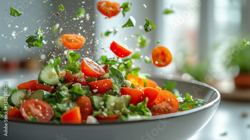 Fresh vegetables cascading into a salad bowl, embodying simplicity and health.