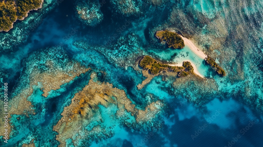 Fototapeta premium birds eye perspective of pristine tropical lagoon, transparent waters revealing intricate patterns of coral reefs and sandbars, dramatic cloud formations casting dynamic shadows, scattered islands