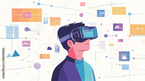 The image is a stylized illustration of a person wearing a virtual reality headset. The person is depicted from the chest up, facing slightly upward with a contemplative expression. The VR
