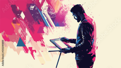 The image is a stylized illustration or digital painting of a male musician standing in profile view. He appears to be operating an electronic keyboard or synthesizer. The musician is