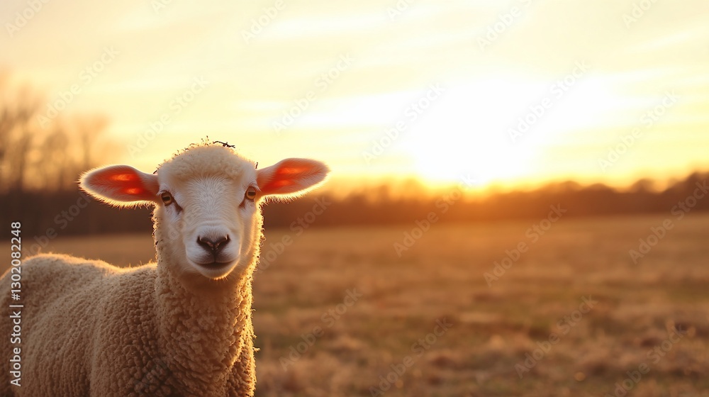 Fototapeta premium Lamb gazing sunset, rural field