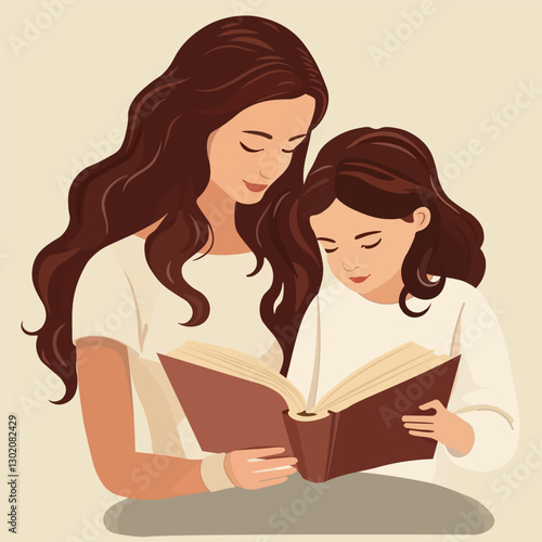 Mother and daughter reading a book. Vector illustration in pastel colors.