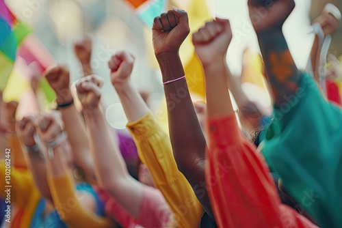 A Diverse Group of People Raise Their Fists in the Air Celebrating Together