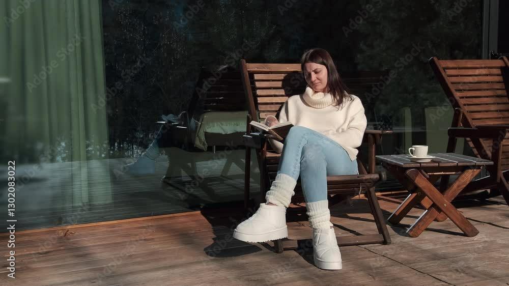 Comfortable woman enjoys reading a book while sitting on a wooden chair on a terrace during a sunny winter day, a cup of coffee on a small table beside her