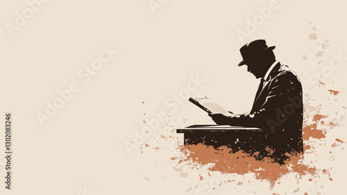 The image is a stylized illustration depicting the silhouette of an elderly man wearing a hat, seated and reading a book. The style is minimalist and abstract, with a monochrome color