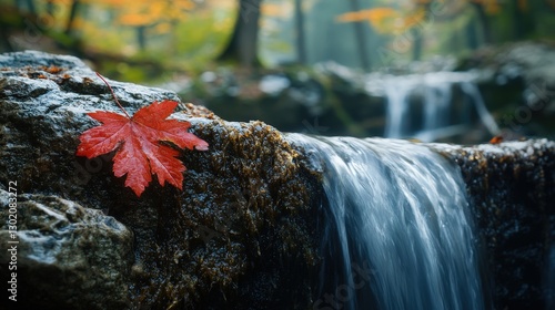 A vibrant red maple leaf rests gracefully on a rocky surface, its edges curling subtly with a glossy finish, capturing a dance between earth and autumnal hue photo