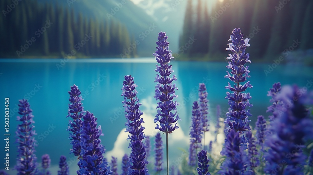 Fototapeta premium Lavender blooms by serene mountain lake