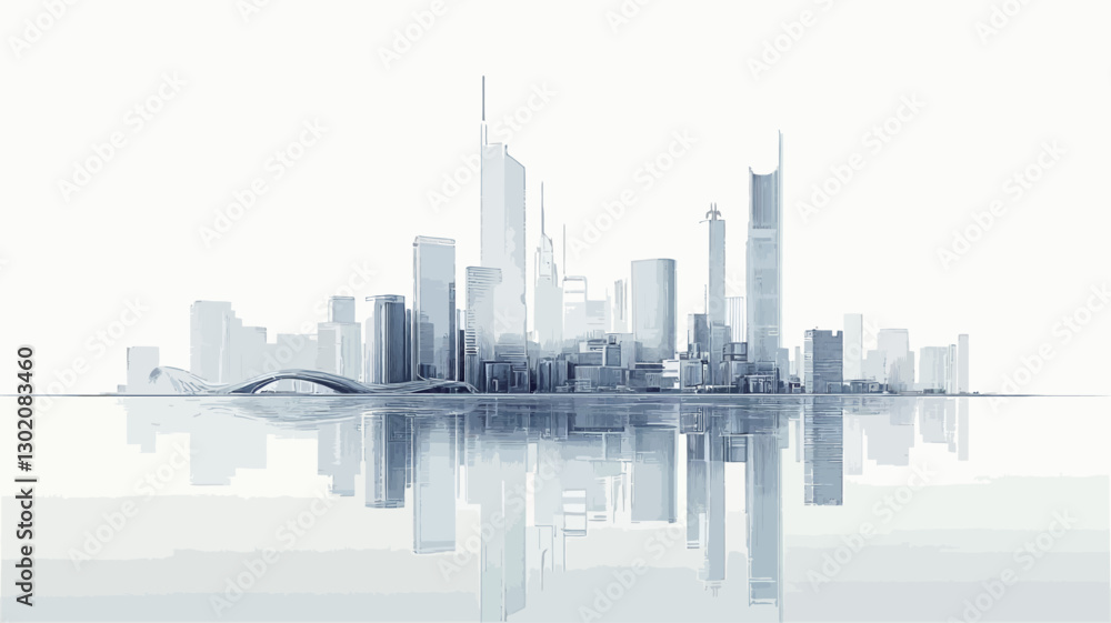 Fototapeta premium The image showcases a stylized illustration of a modern city skyline. The skyline is composed of numerous skyscrapers of varying heights, rendered in shades of light grey and white against